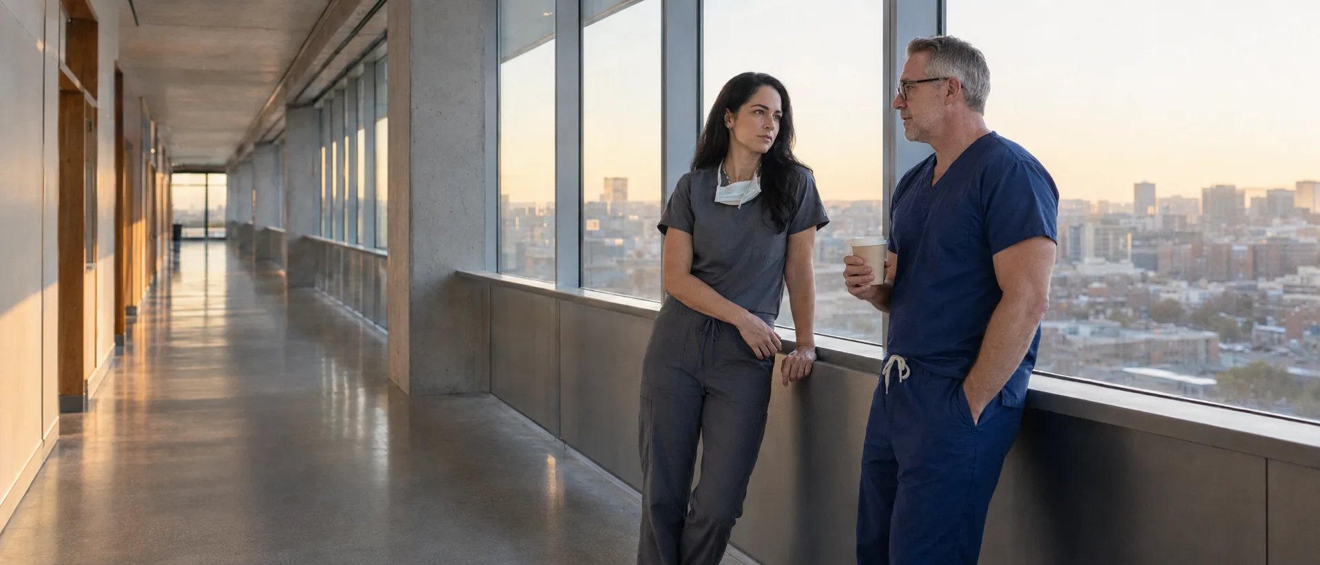 Two physicians talking at dawn beside the windows of a hospital corridor after an overnight case