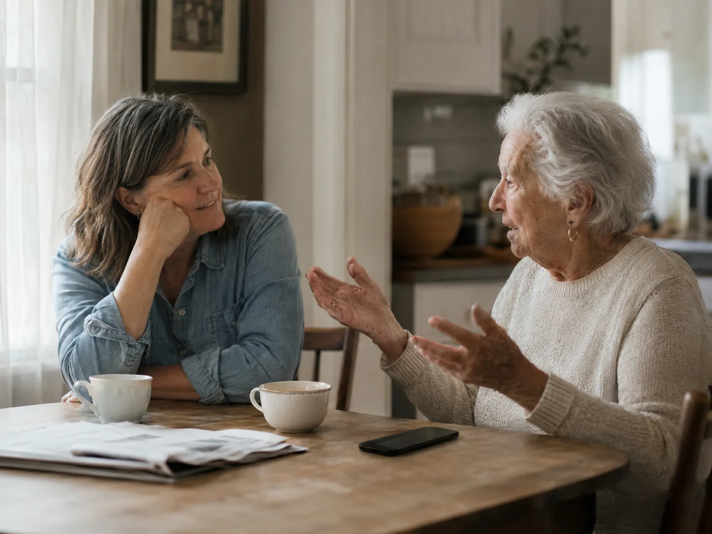 An adult daughter and her mother at a kitchen table in morning light