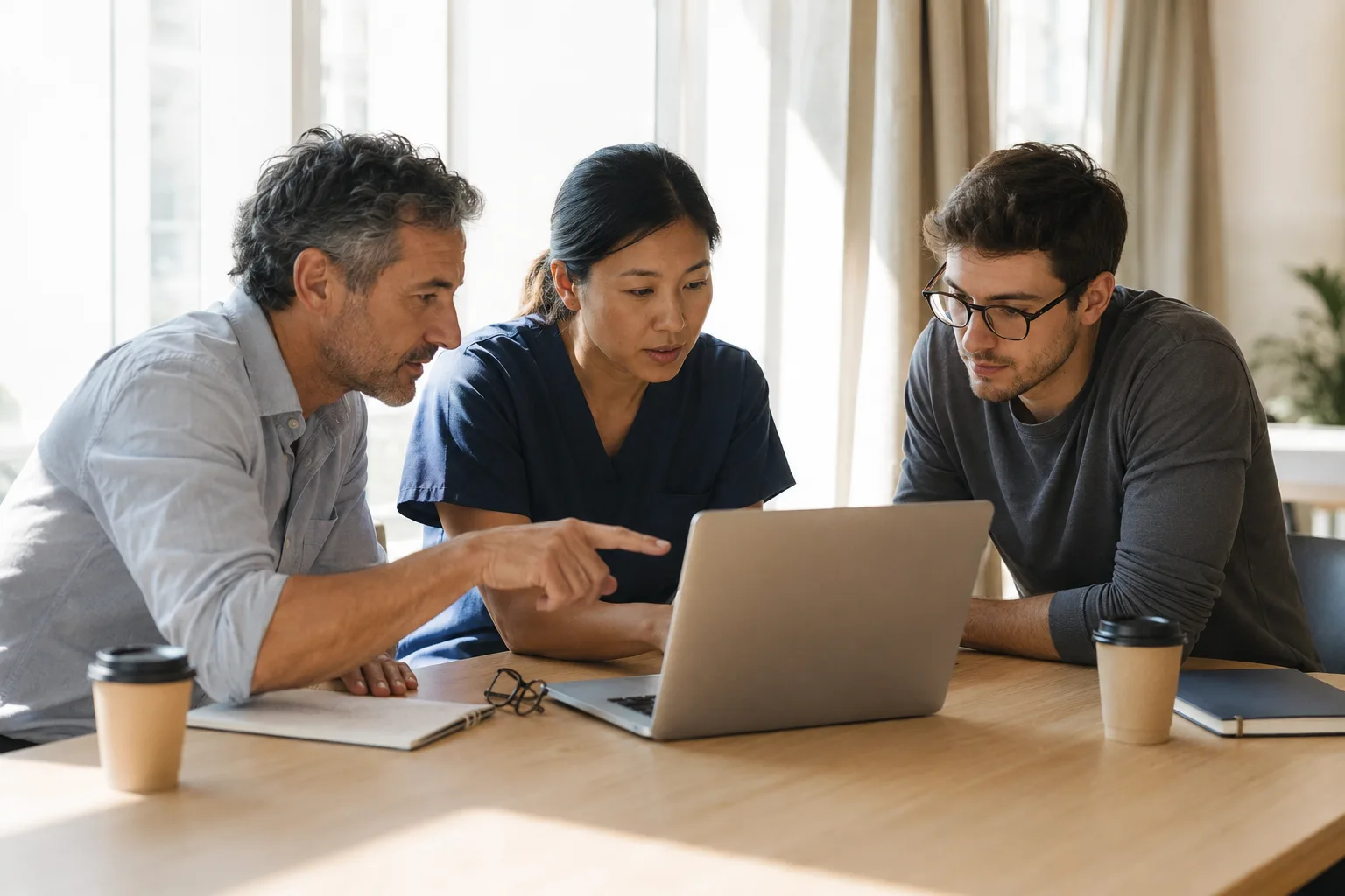 A physician, a nurse, and an engineer in conversation at a workspace