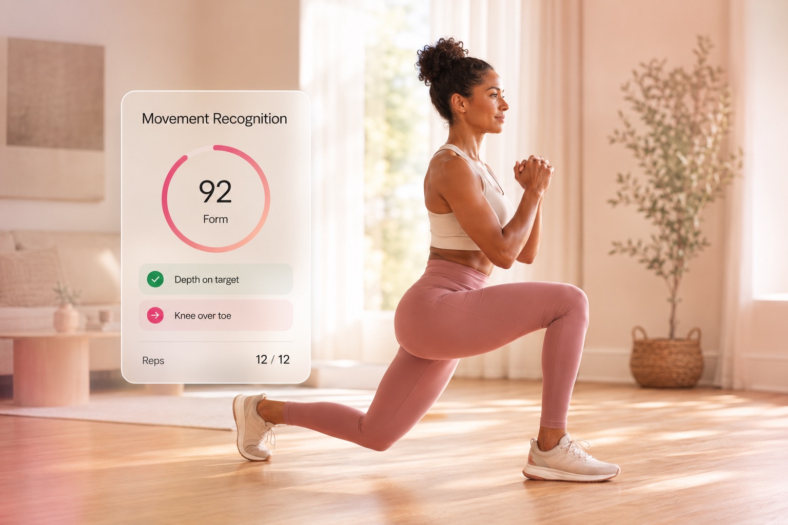 A member training at home with real-time AI movement-recognition form tracking