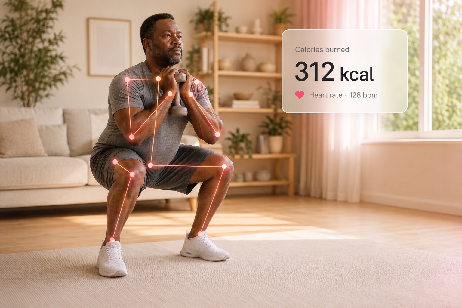 A member mid-squat with real-time AI movement-recognition form tracking and a live calorie readout