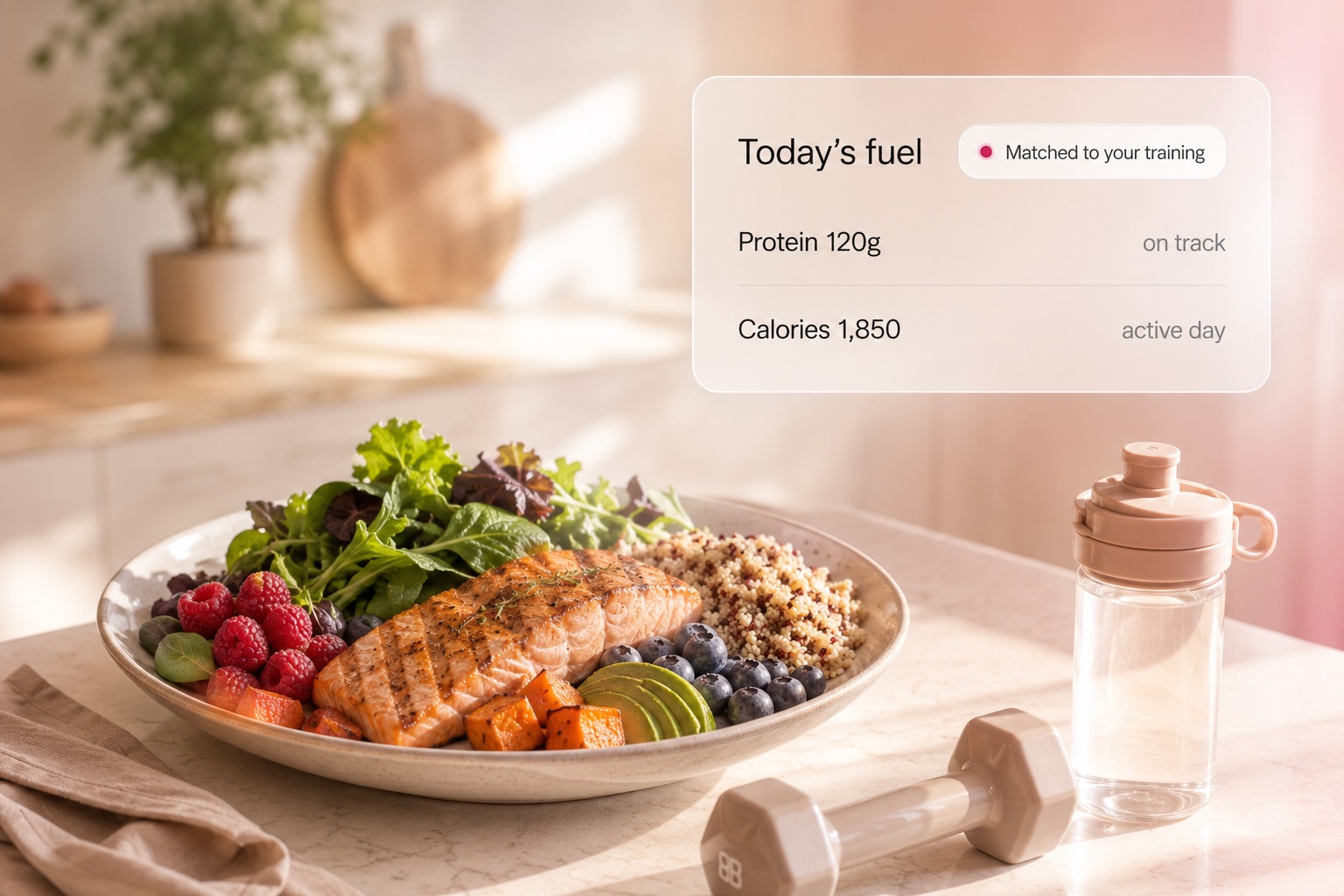 A whole-food plate paired with the member's training plan