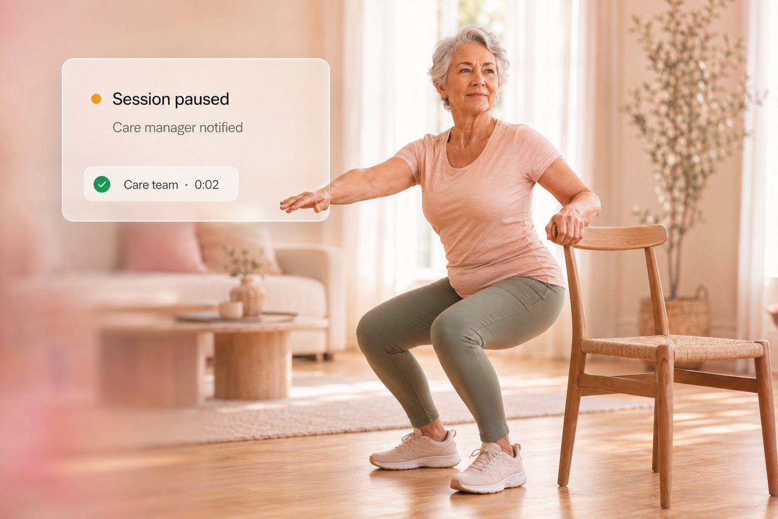 An older member exercising confidently with a clinically-governed modification