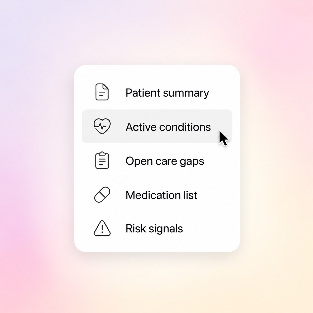 Atticus MCP tool menu listing patient summary, active conditions, open care gaps, medication list, and risk signals