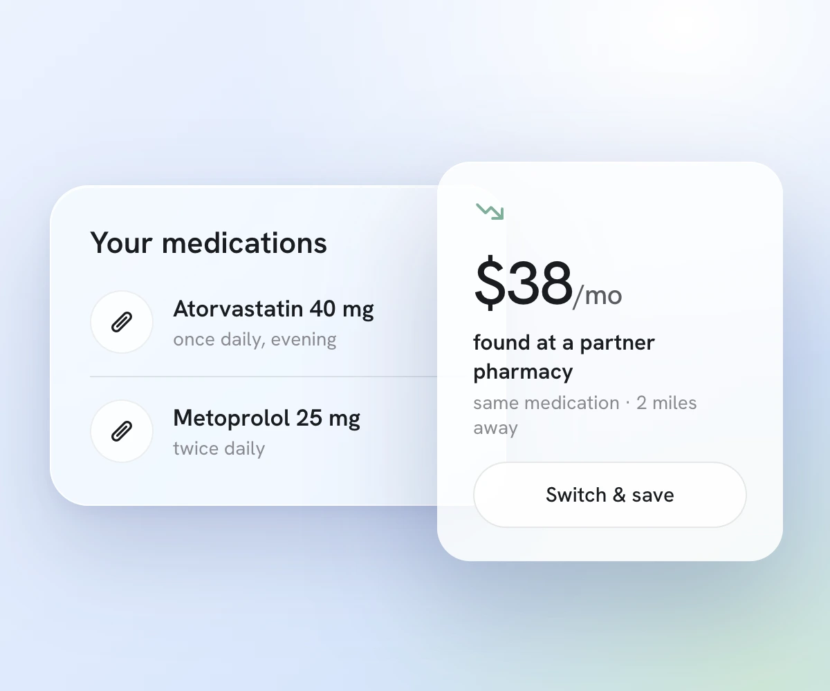Medication list with a savings card — save $38 a month at a partner pharmacy