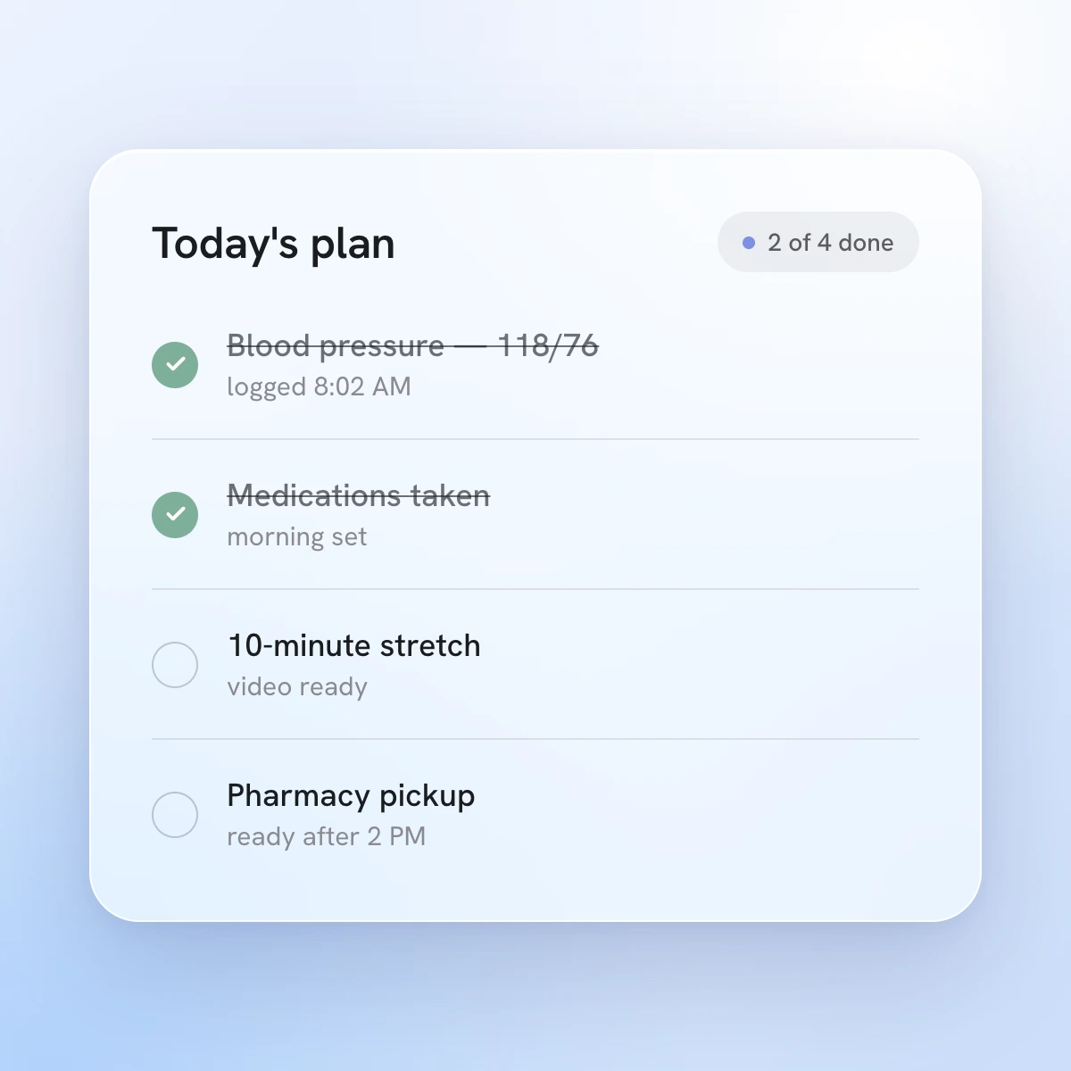 Today's focus list with a completed morning walk and upcoming tasks