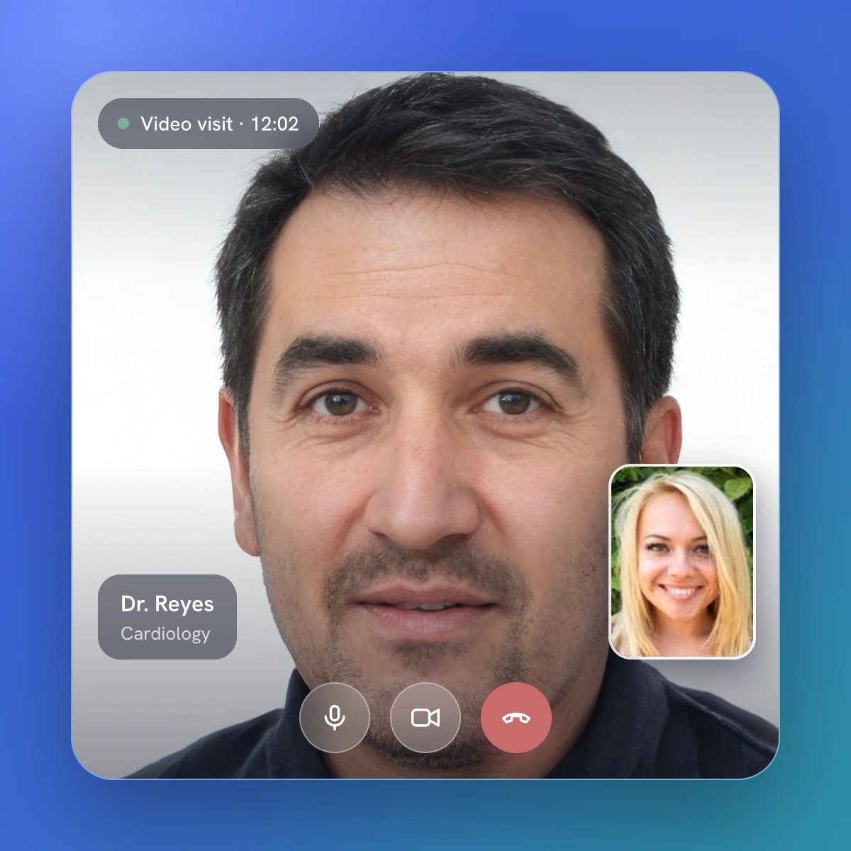 Video visit with Dr. Reyes — full-screen video call with mute, camera, and end controls