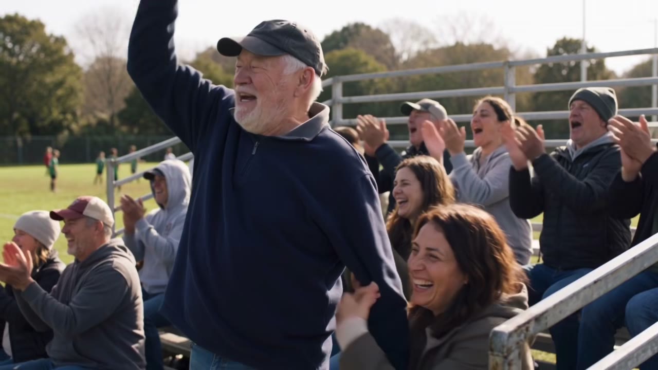 A grandfather cheering at a soccer game