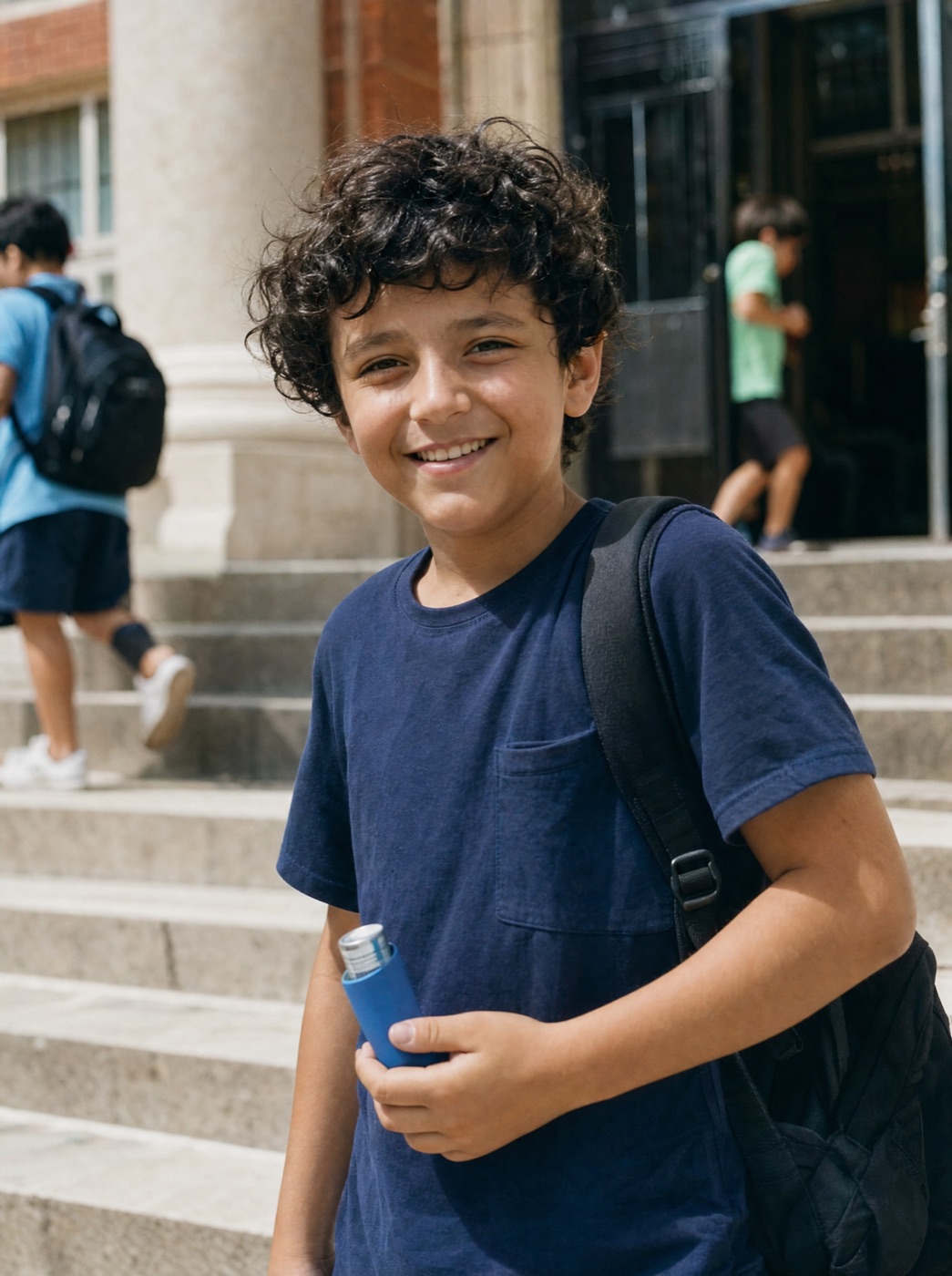 A boy on the school steps