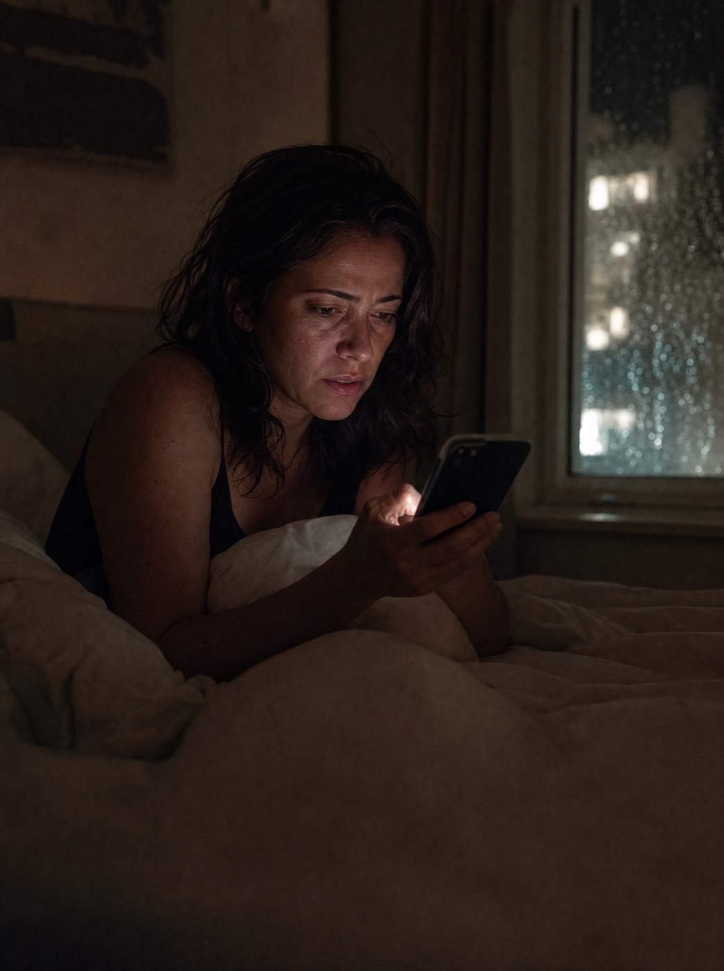 A woman reading her phone in bed at night