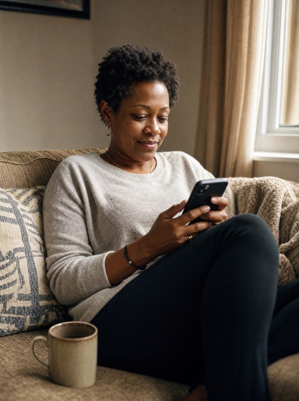 A woman reading about her health at home