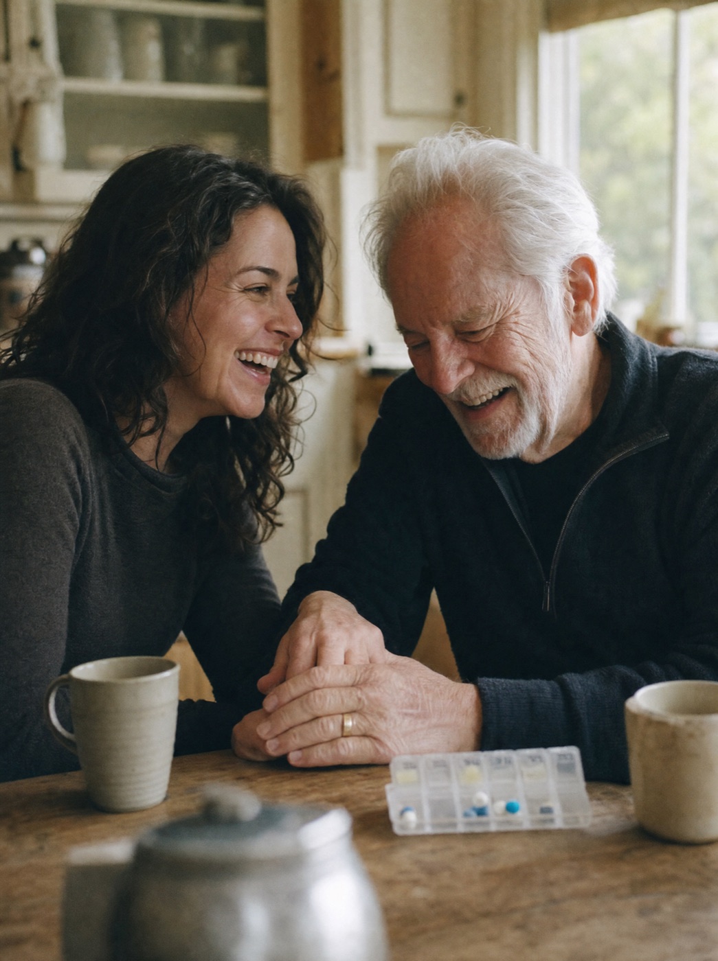 A daughter and her father talking at the kitchen table
