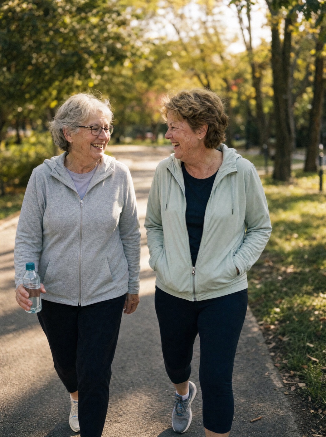 Two friends walking together in a park
