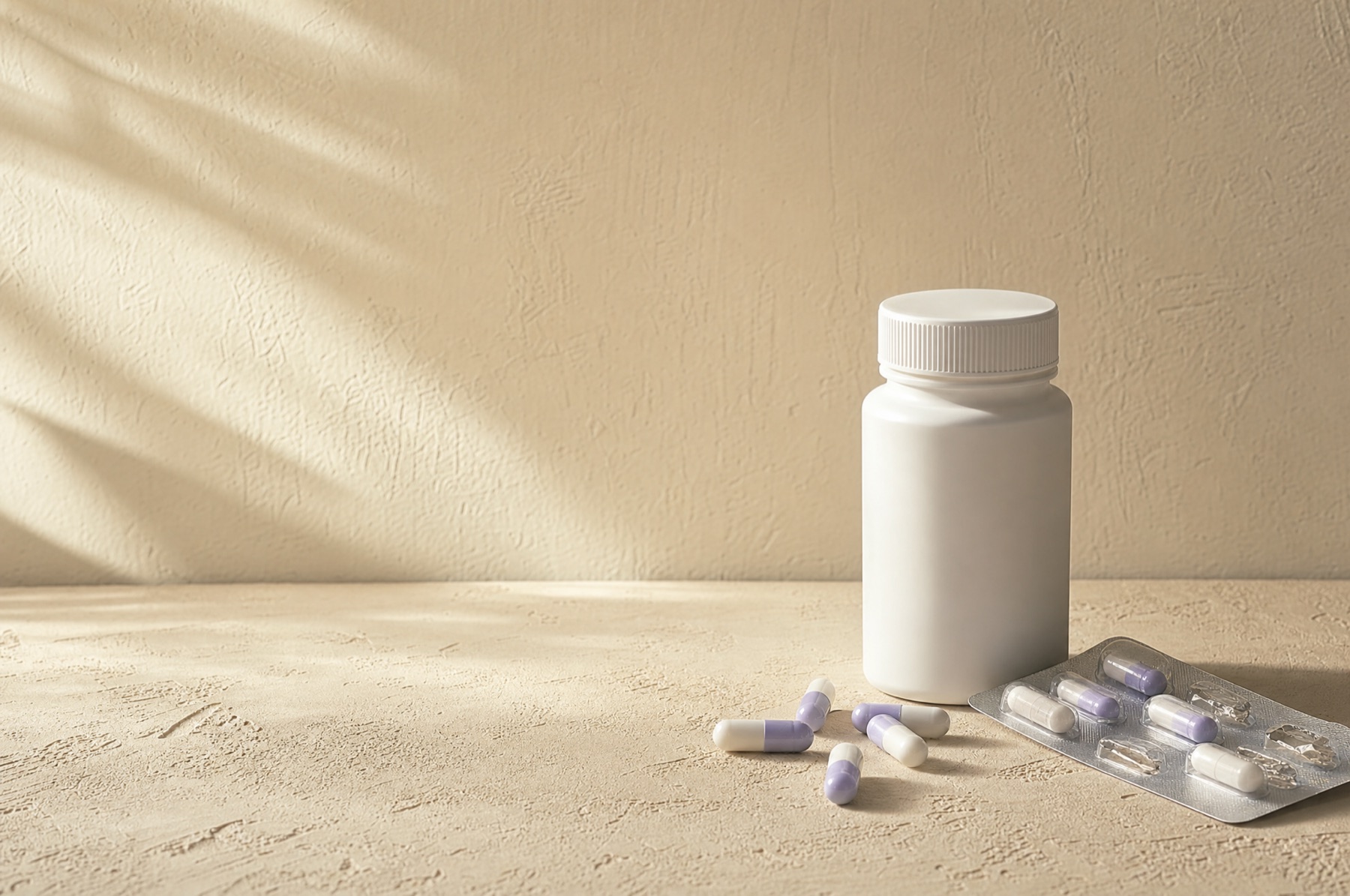 A pill bottle on a table in morning light