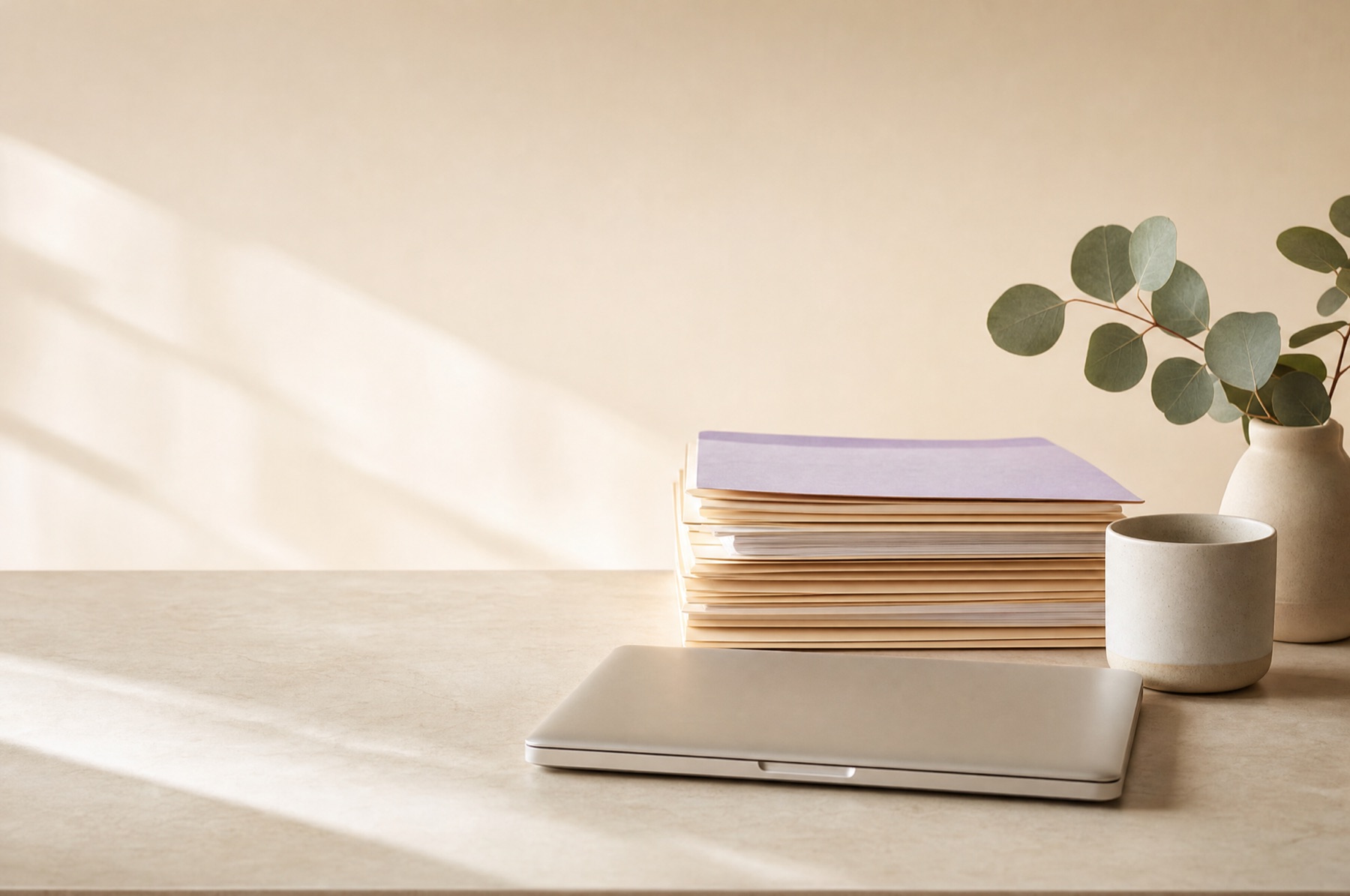 A laptop and notebooks on a sunlit desk